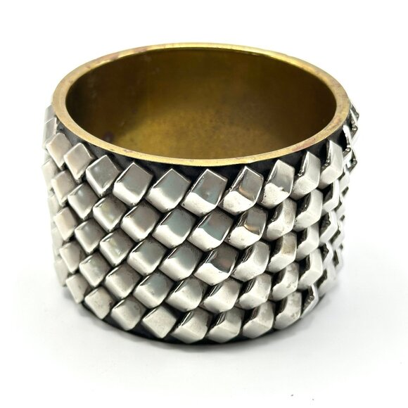 1970s-80s Sterling Silver & Brass Basket-Weave Cuff Bracelet - Picture 1 of 10